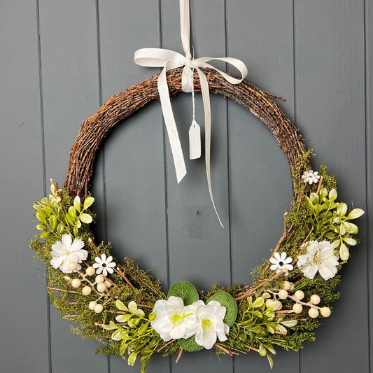 White Floral And Greenery Spring Wreath