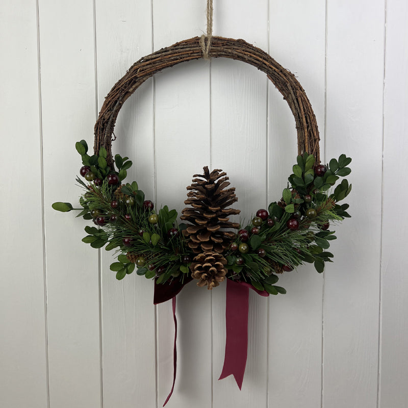 Rattan Pinecone and Berry Wreath with Bow