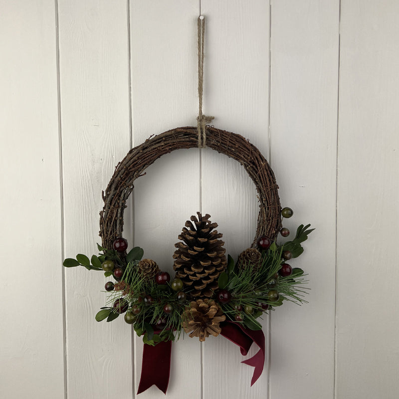 Rattan Pinecone and Berry Wreath with Bow