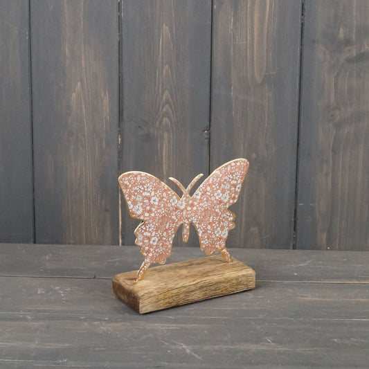 Medium Pink Metal Butterfly on Wooden Base