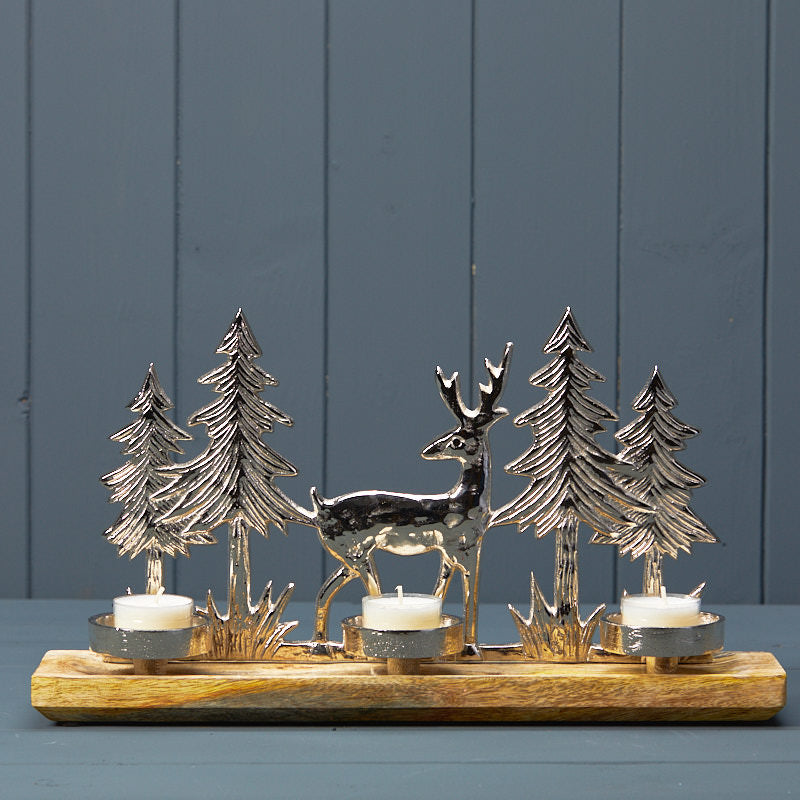 Silver Deer & Trees with 3 T-Lights on Wooden Base