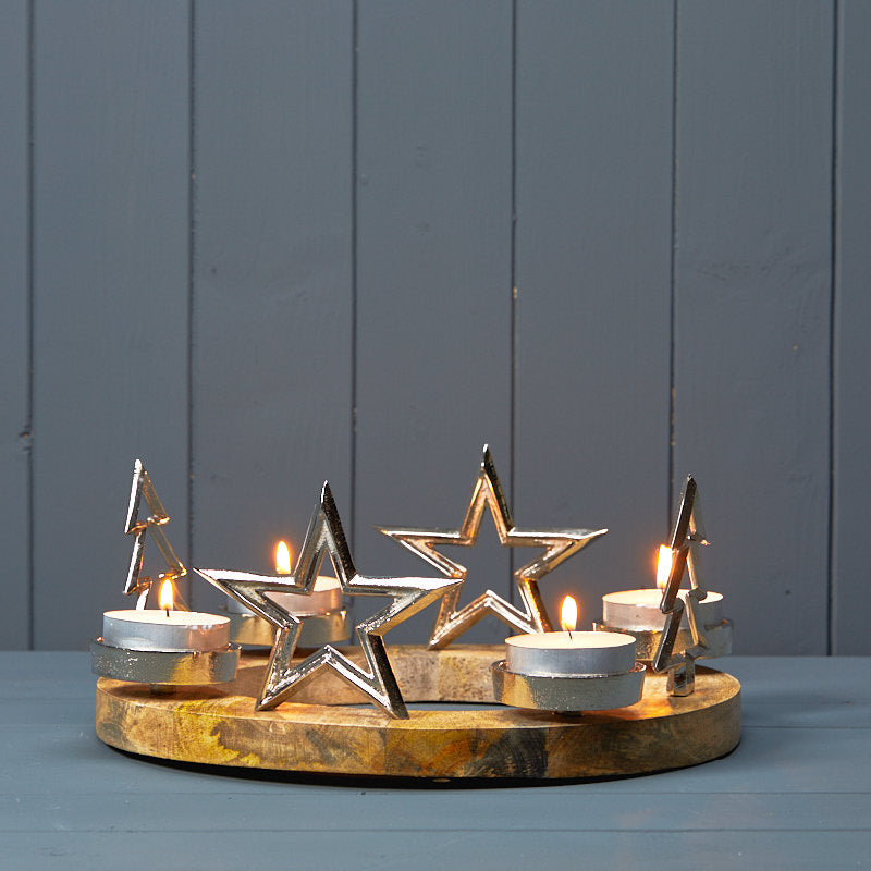 Silver Ring Stars & Trees with 4 T-Lights on Wooden Base