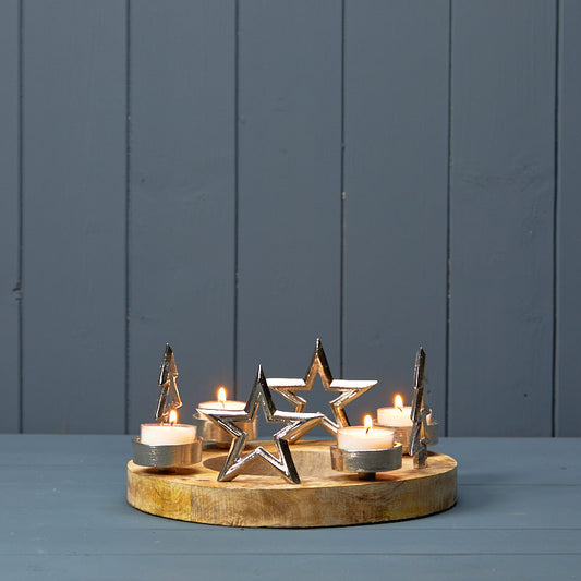 Silver Ring with Stars & Trees with 4 T-Lights on Wooden Base