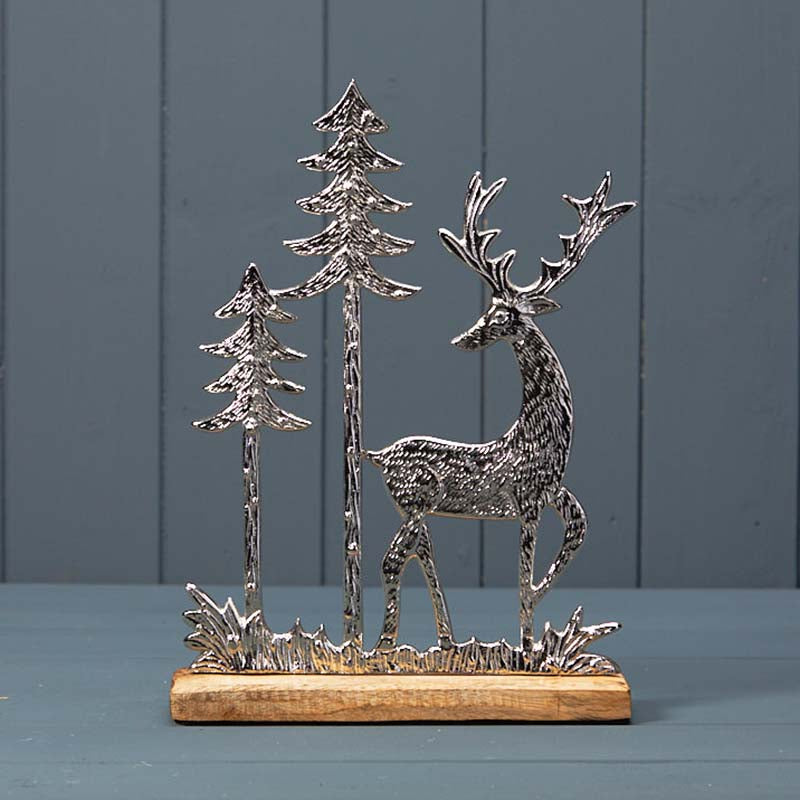 Siver Deer with Trees on Wooden Base