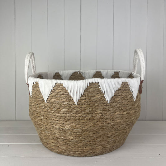 Large Round Storage Basket with White Fringe Detail