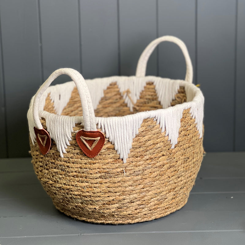 Medium Round Storage Basket with White Fringe Detail