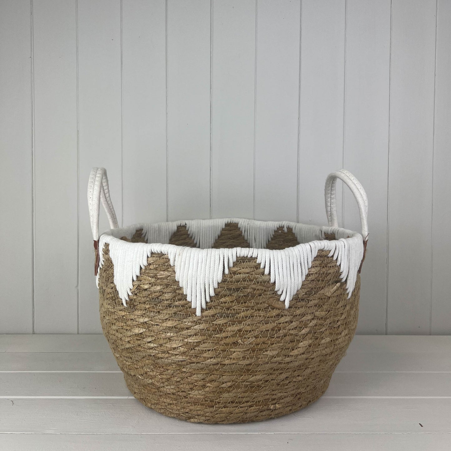 Medium Round Storage Basket with White Fringe Detail