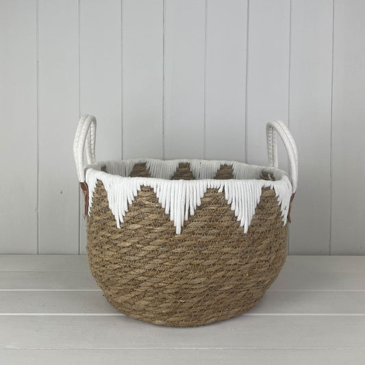 Round Storage Basket With White Fringe Detail