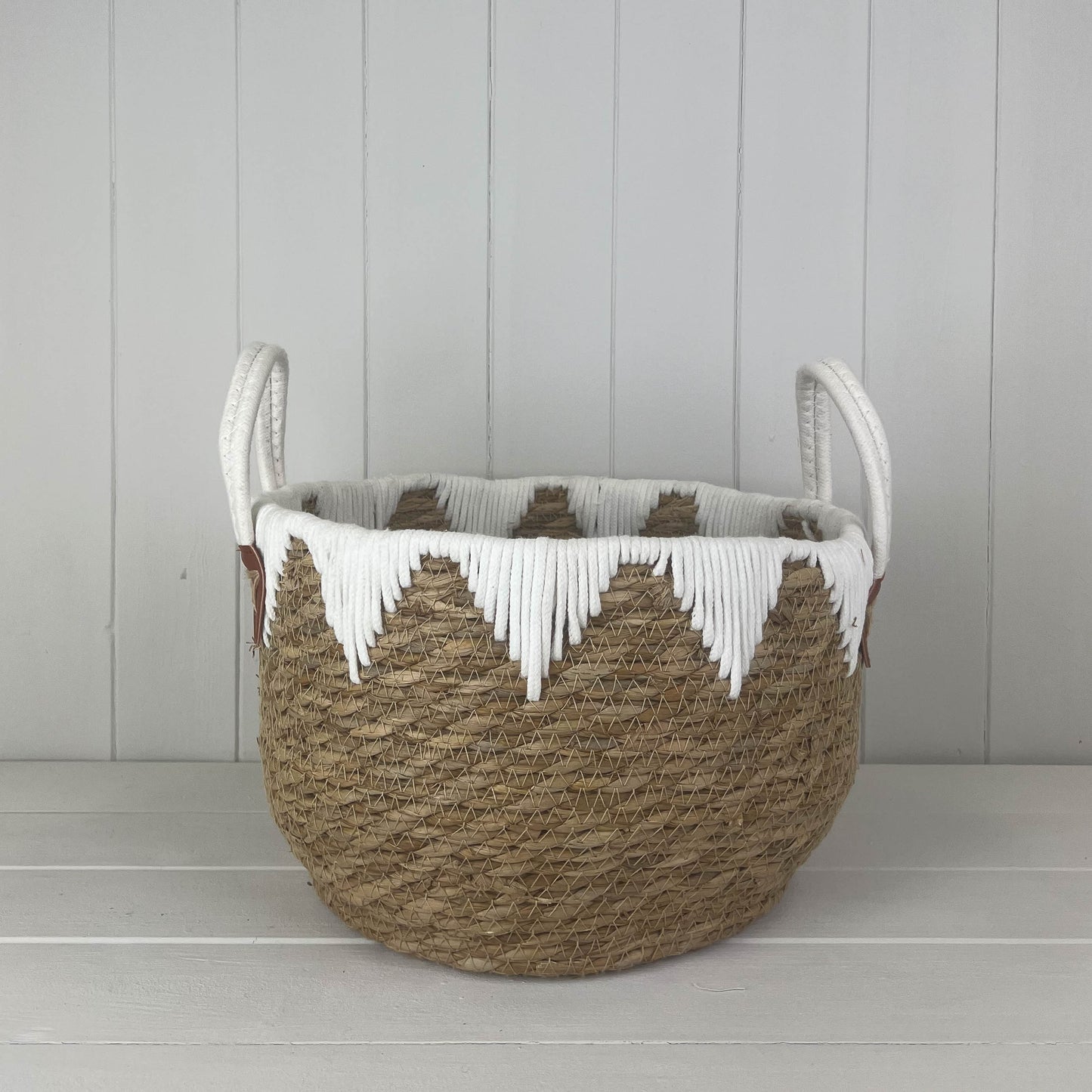 Small Round Storage Basket with White Fringe Detail