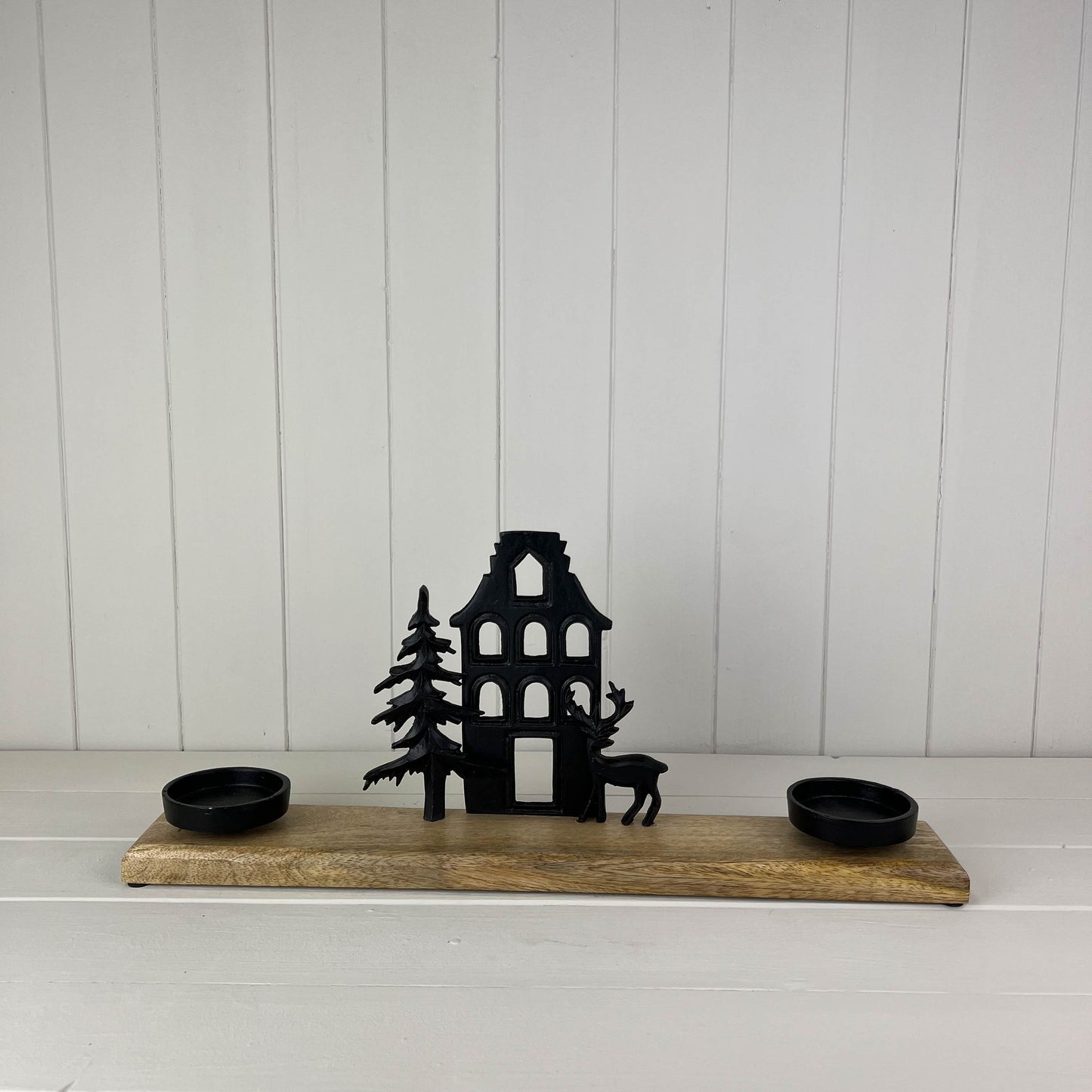 Matt Black Wood/Metal Festive Scene Decoration with Candle Holders