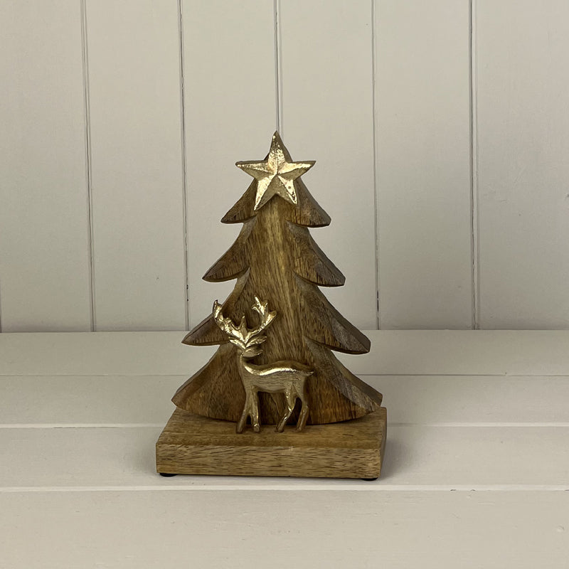 Gold Wood/Metal Tree and Reindeer Festive Decoration