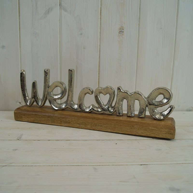 Metal Welcome On Wooden Base