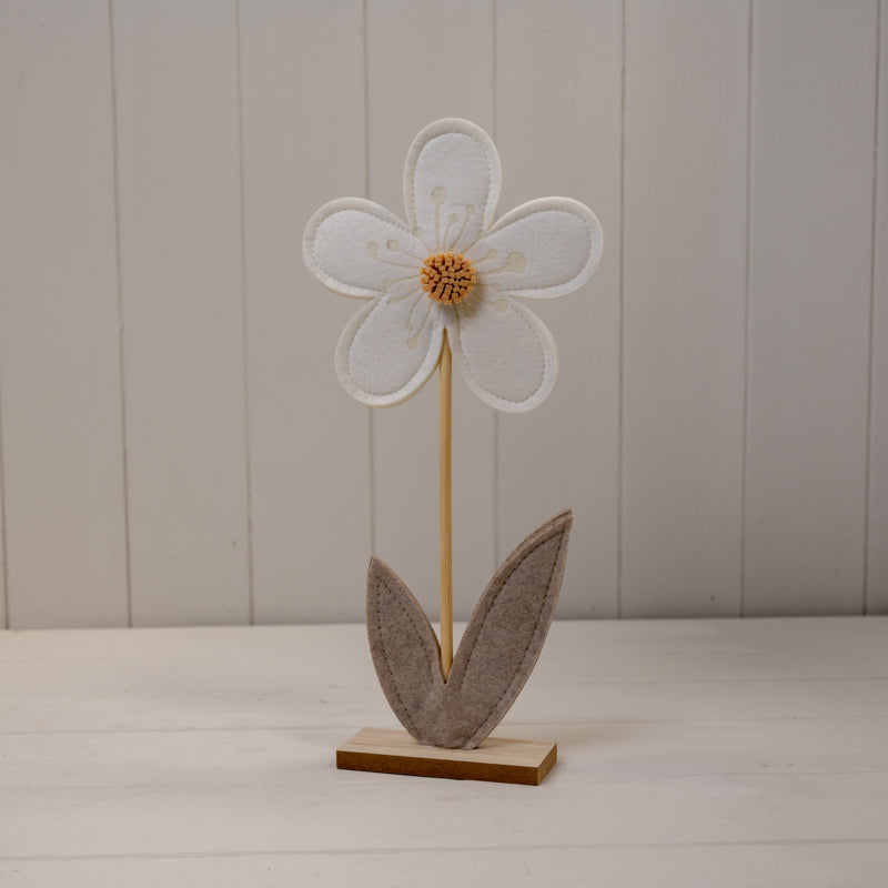 Cream Felt Flower On Wooden Base Decoration