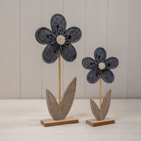 Grey Felt Flower On Wooden Base