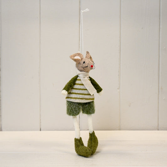 Green Knitted Hanging Mouse In Stripey Jumper