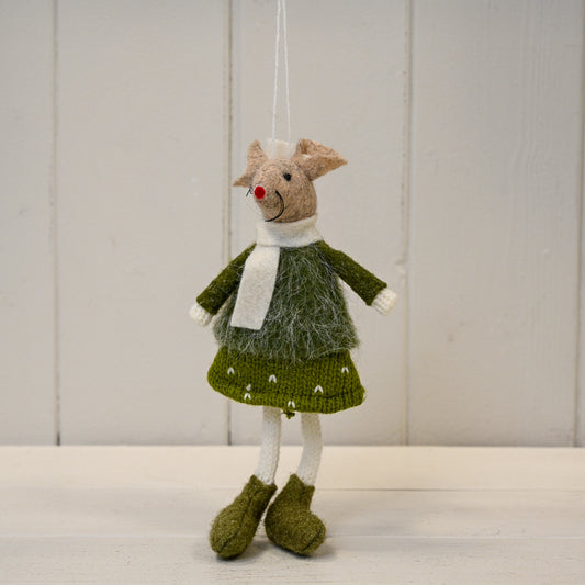 Green Hanging Mouse In Knitted Dress With Spots