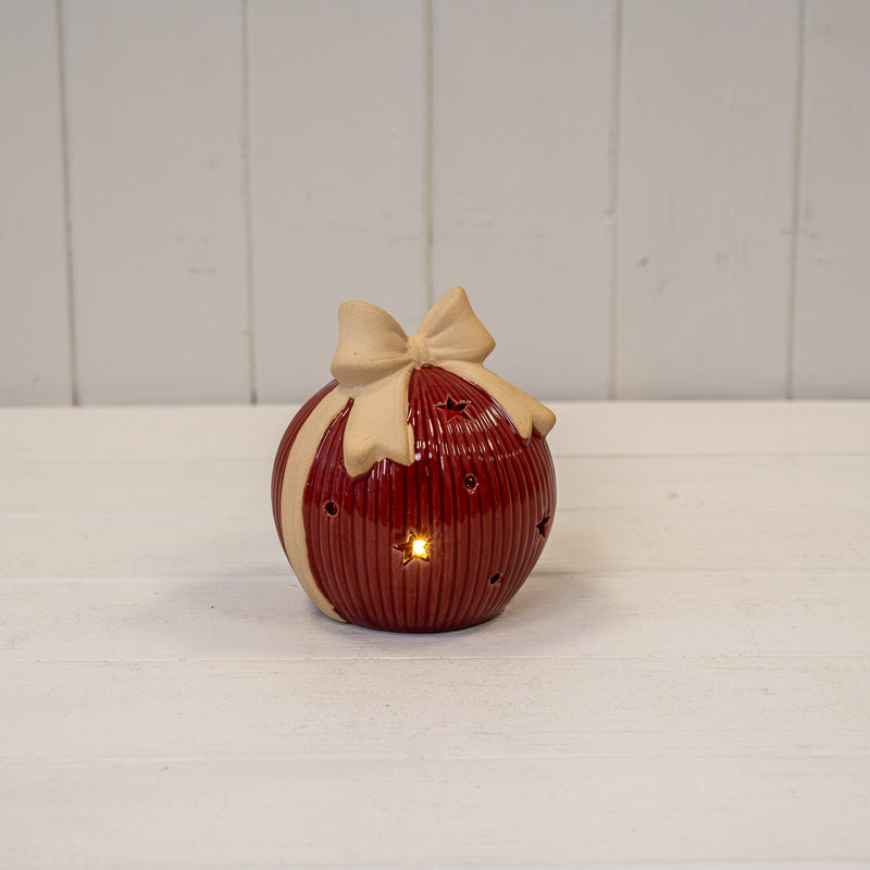 Red Ceramic LED Bauble With Bow Detail