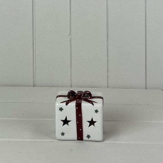 White Ceramic Present With Red Bow With LED