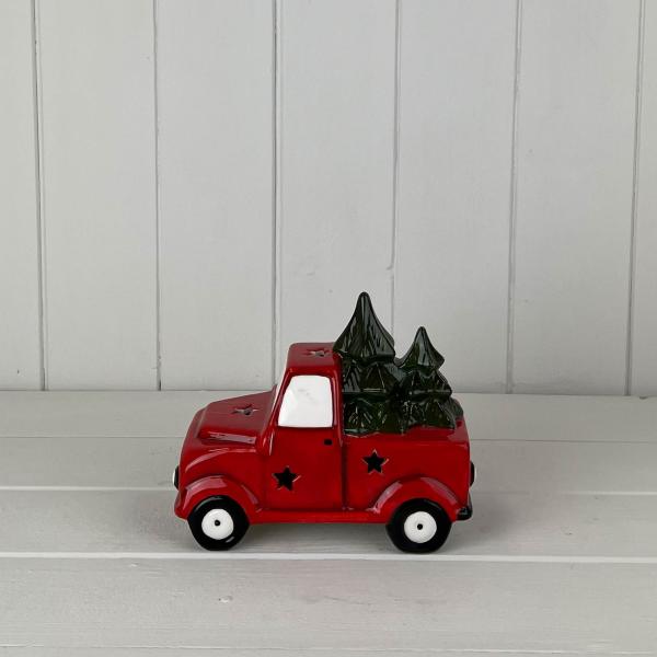 Red Ceramic Car Carrying Christmas Trees Decoration with LED