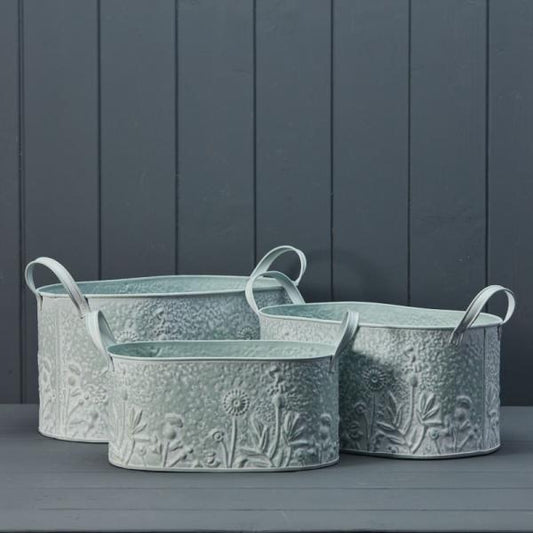 Sage Oval Planters Set With Floral Design