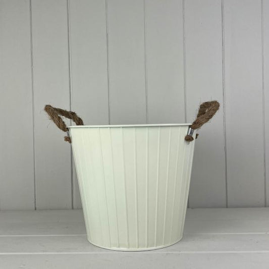 Cream Round Tapered Zinc Planter with Rope Ears with Drainage Hole