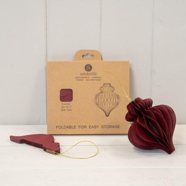 Set of 3 Claret Red Teardrop baubles