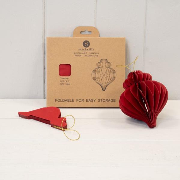 Set of 3 Deep Red Teardrop baubles