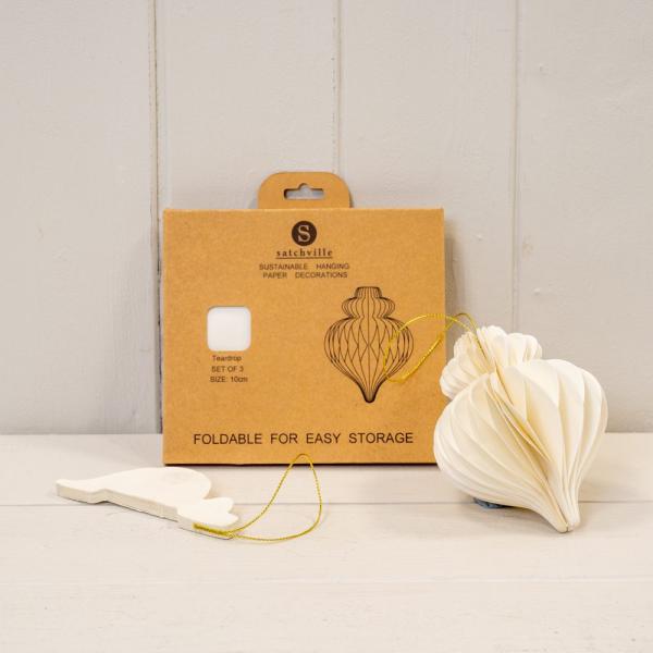 Set of 3 Off White Paper Teardrop baubles