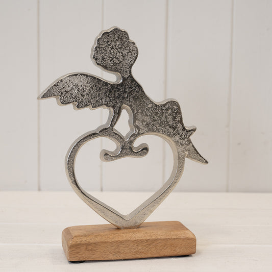Aluminium Heart And Angel On Wooden Base