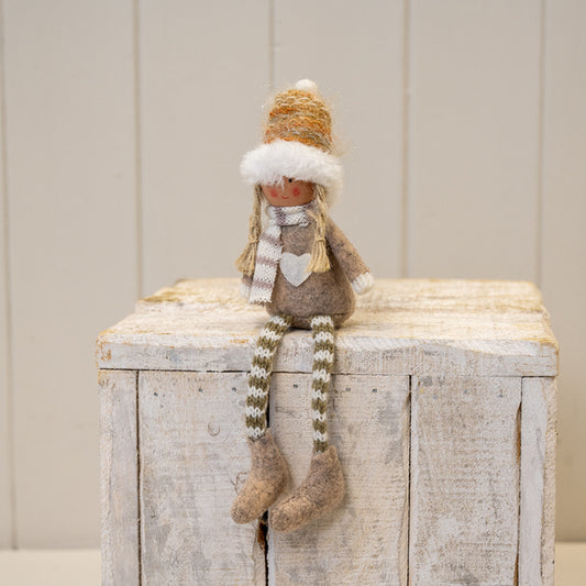 Beige Christmas Doll with Knitted Hat Chunky Boots and Heart Jumper