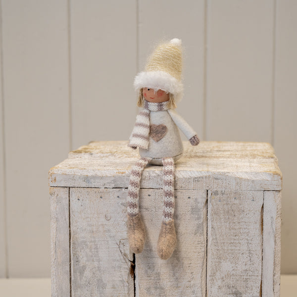 Cream Christmas Doll with Knitted Hat Stripey Scarf and Heart Jumper