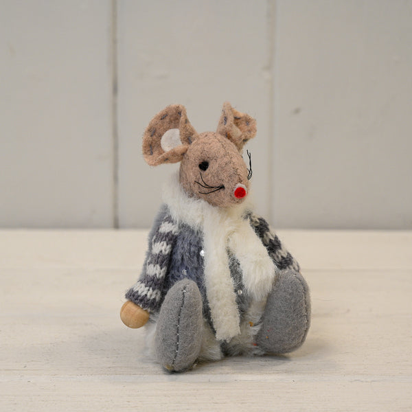 Fabric Mouse with Grey Striped Jumper and White Scarf
