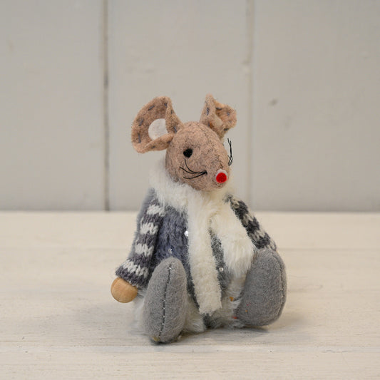 Fabric Mouse with Grey Striped Jumper and White Scarf