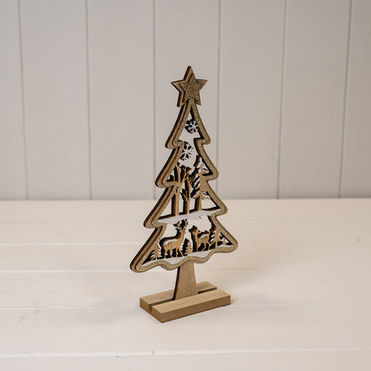 Medium Glittery Wooden Christmas Scene Tree
