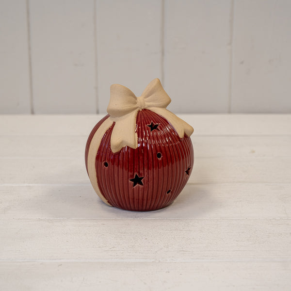 Large Red Ceramic LED Bauble with Bow Detail