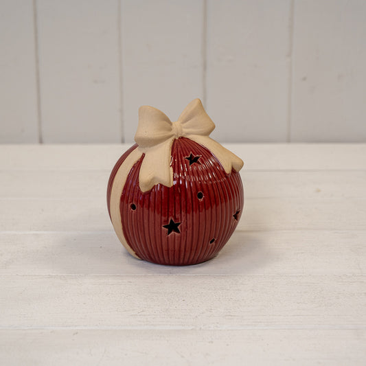 Large Red Ceramic LED Bauble with Bow Detail
