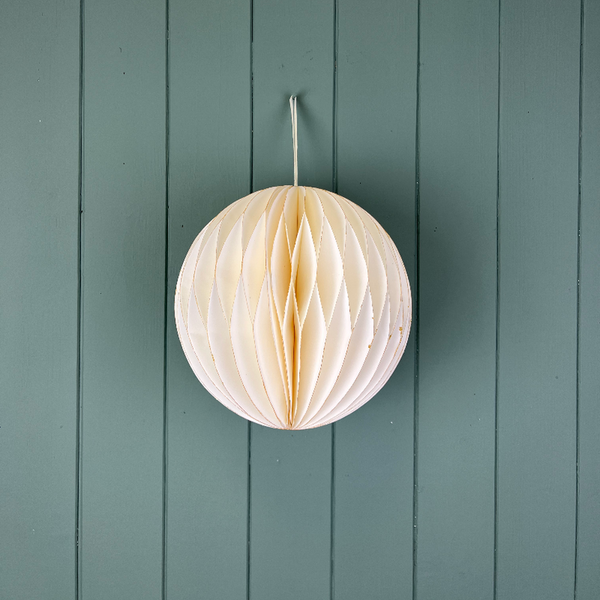 Hanging Handmade Antique White Circular Bauble Paper Decoration - Flat Packed