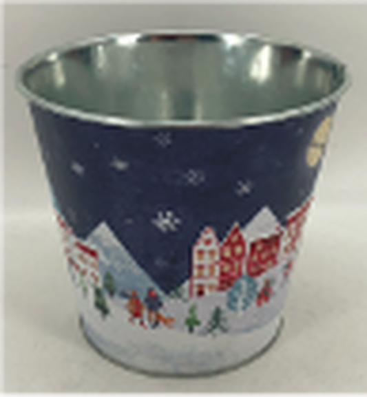 Medium Blue Christmas Village Scene Pot