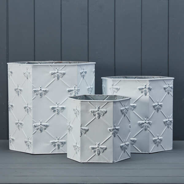 Set of Three White Hexagonal Bee Zinc Planters