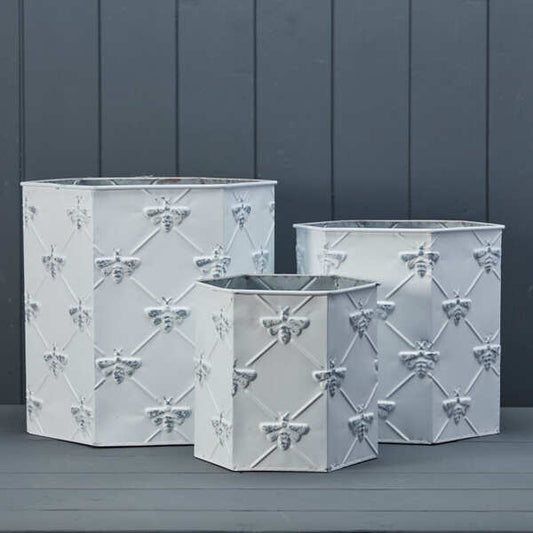 Set of Three White Hexagonal Bee Zinc Planters