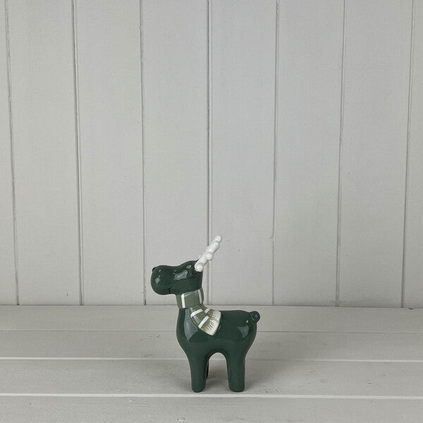 Dark Green/White Ceramic Reindeer Decoration