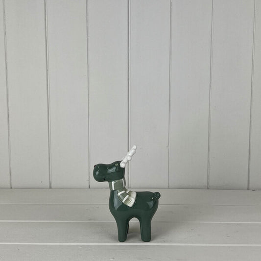 Dark Green/White Ceramic Reindeer Decoration