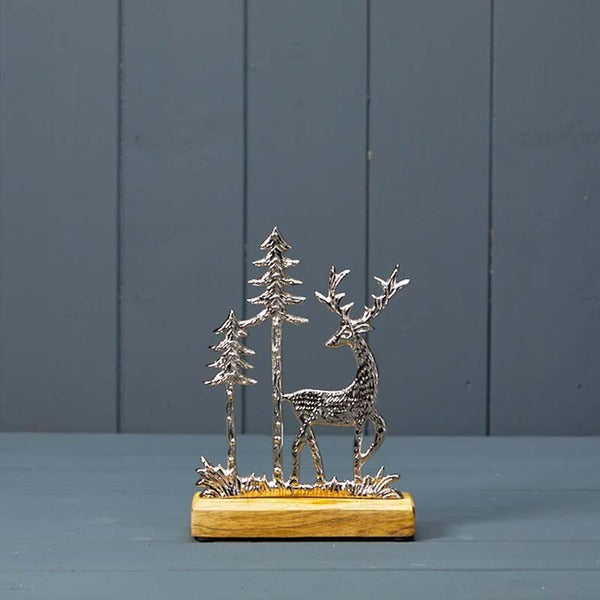 Silver Deer with Trees on Wooden Base