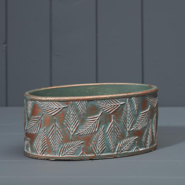 Green and Copper Wash Cement Oval Planter