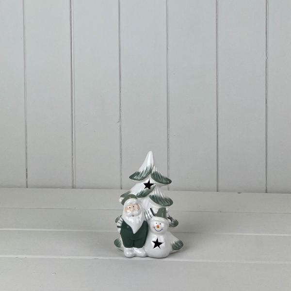 Green/White Ceramic Tree with Santa and Snowman Decoration with LED