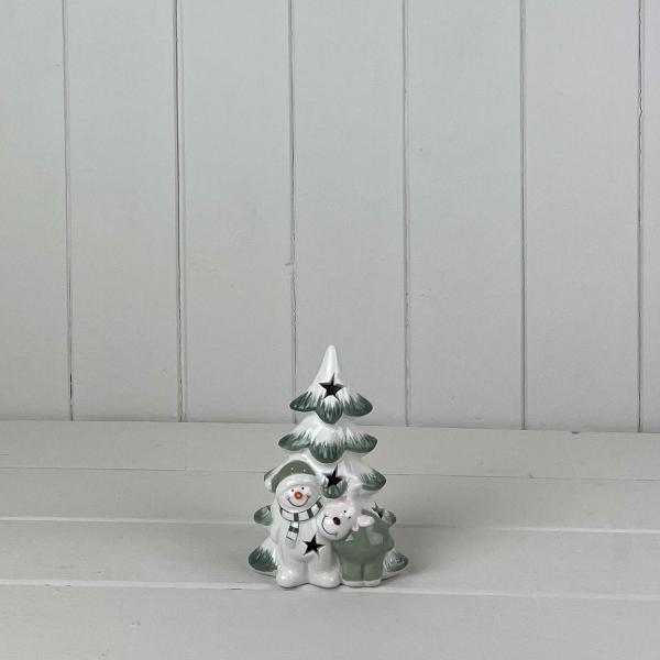 Green/White Ceramic Tree with Snowman and Reindeer Decoration with LED