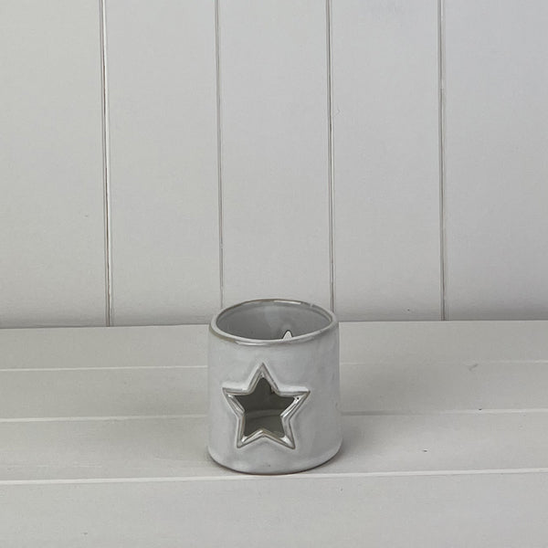 Glazed Ceramic Tealight Holder With Heart/Star Cut-Out Detail
