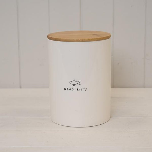 'Good Kitty' Ceramic Treat Jar with Bamboo lid