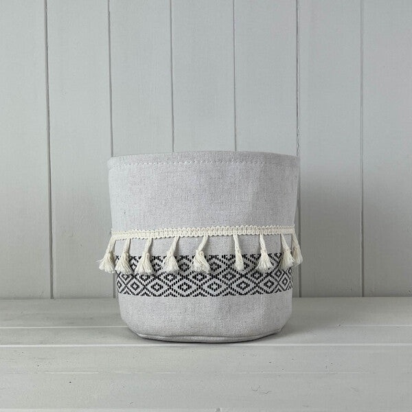 Cylinder White and Black Cotton Planter with Tassels