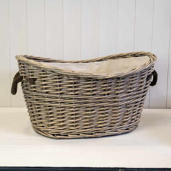 Willow Oval Scooped Log Basket with Hessian Liner and Rope Handles